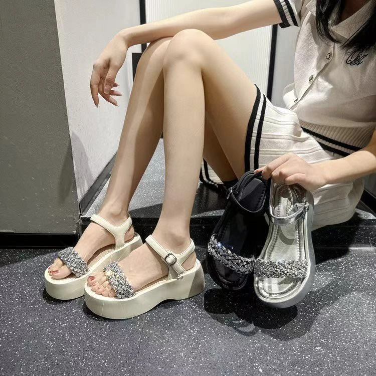 （孤品2）A39凉鞋好看粗跟圆头网红百搭厚底时尚黑色