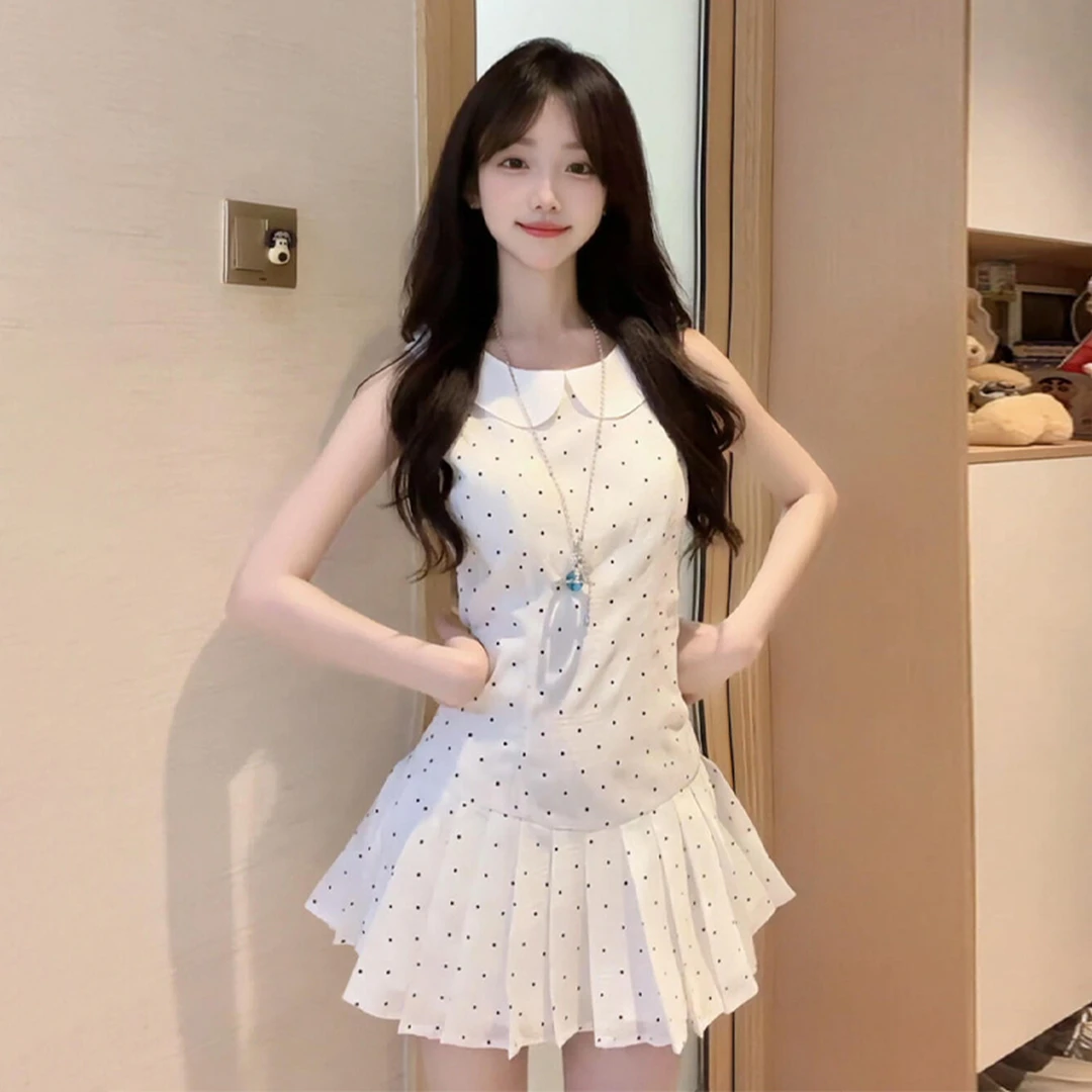 白色娃娃领波点吊带连衣裙夏季2025小个子初恋甜美小白裙3766