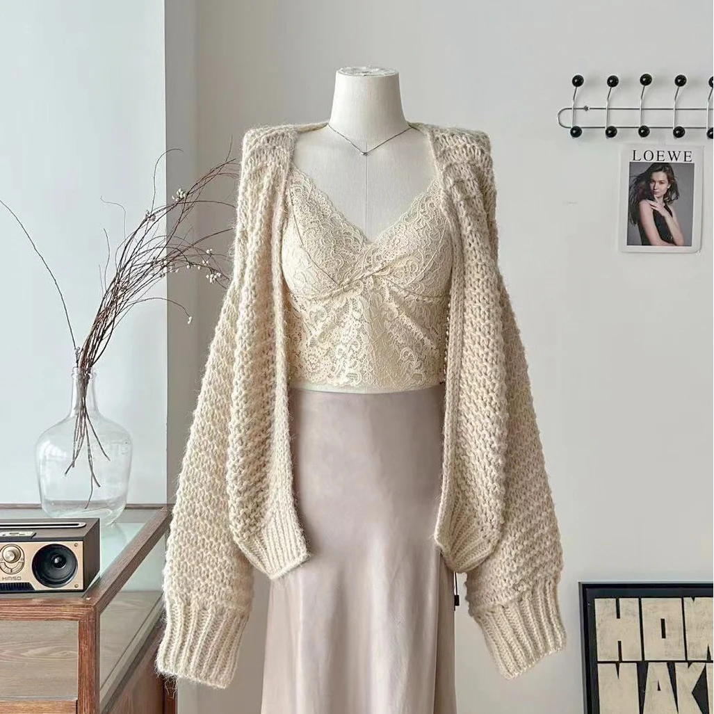 麻豆/托斯卡纳的秋_温暖羊驼绵羊毛重磅手钩感粗针大开衫宽松秋冬