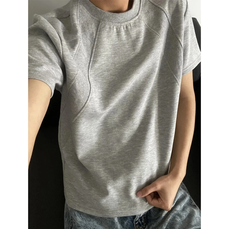 cleanfit灰色重磅太空棉短袖男夏季小领口t恤五分设计感拼接半袖