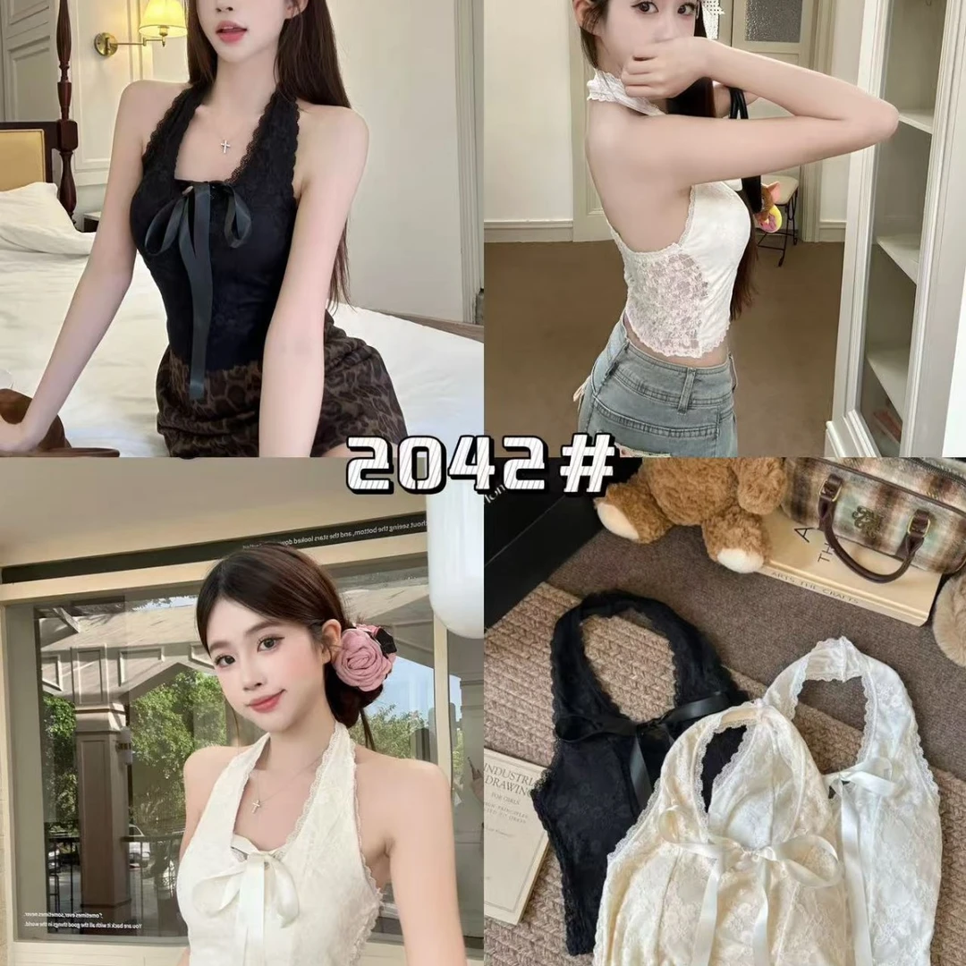 026新款蝴蝶结v领背心夏甜辣妹带胸垫挂脖一体显瘦内搭系带蕾丝