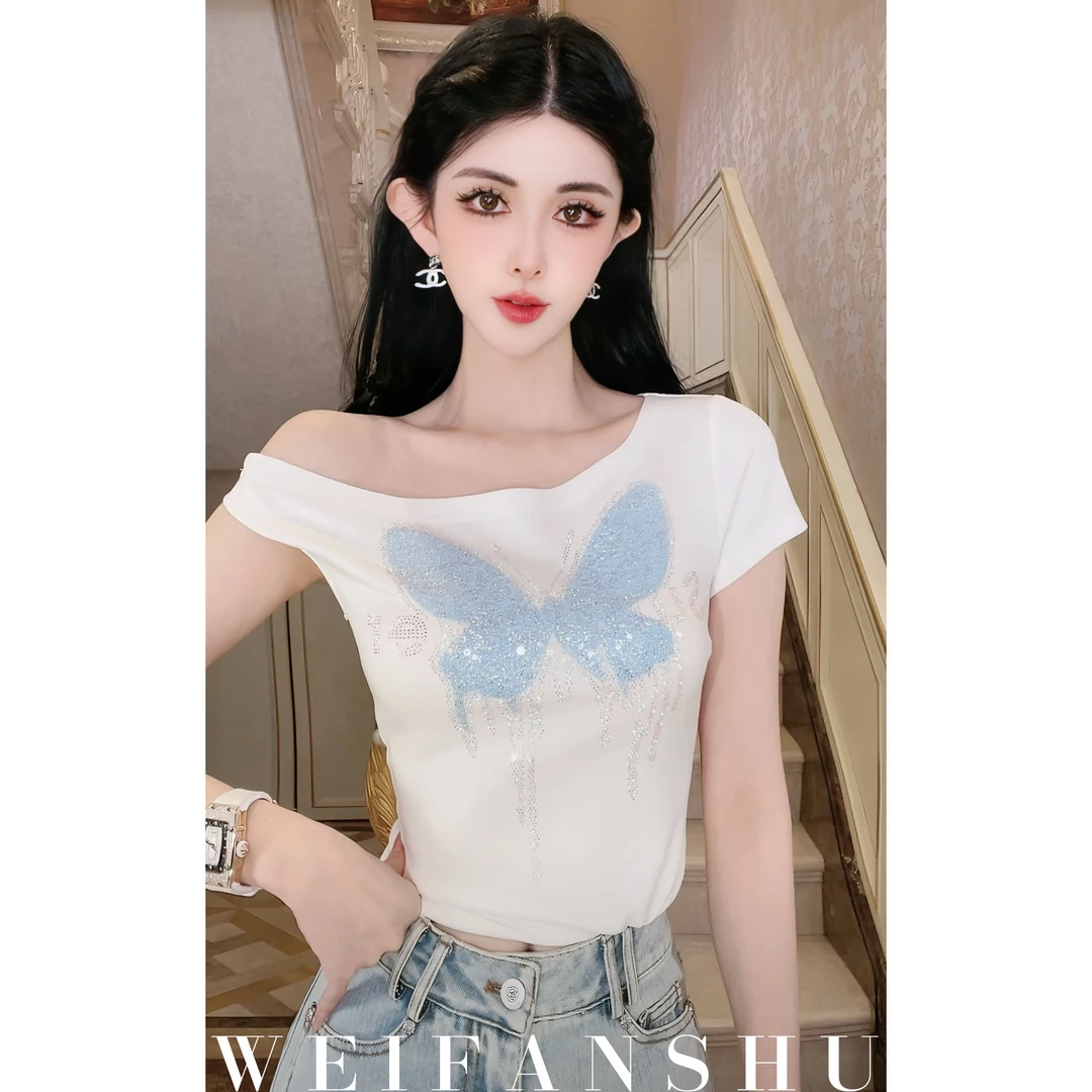 WEIFANSHU/魏凡舒【丝带玫瑰】夏季新款斜肩设计感百搭显瘦T恤上衣