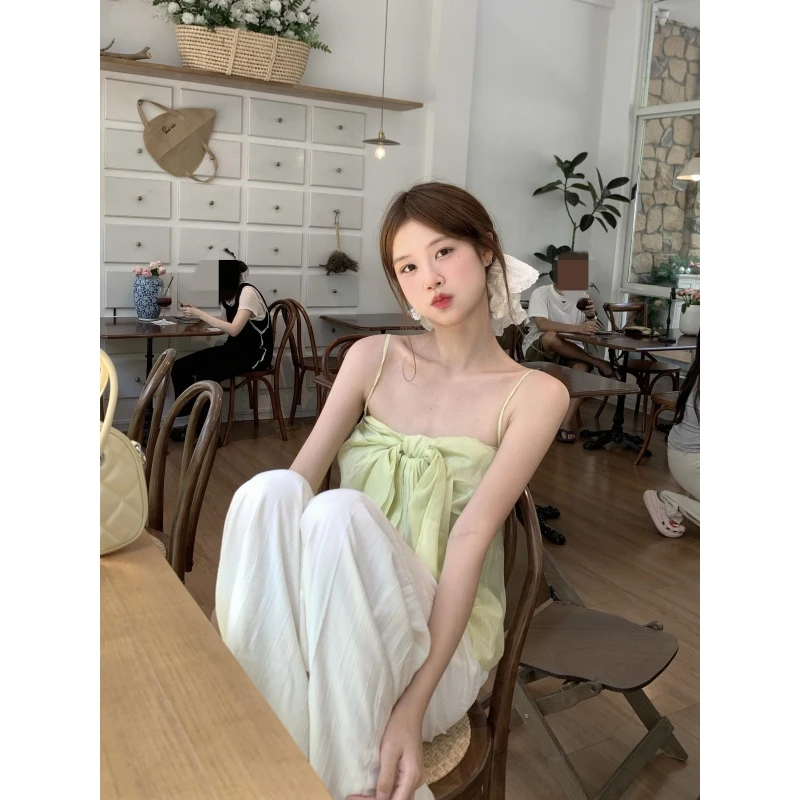 韩系小众设计感蝴蝶结短款吊带上衣夏季松弛感休闲裤小清新一整套