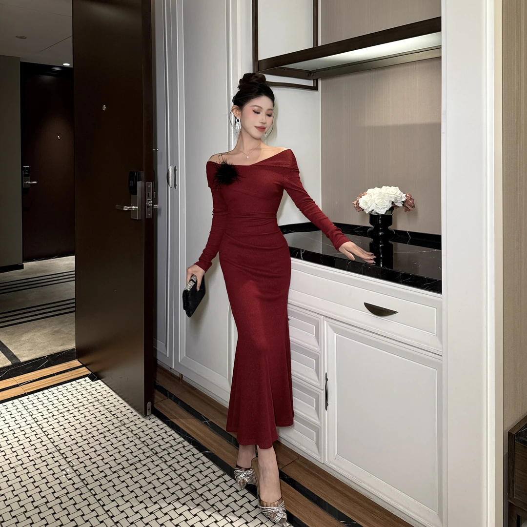 【惠子原创】时尚气质优雅修身名媛一字肩法式轻奢连衣裙11471