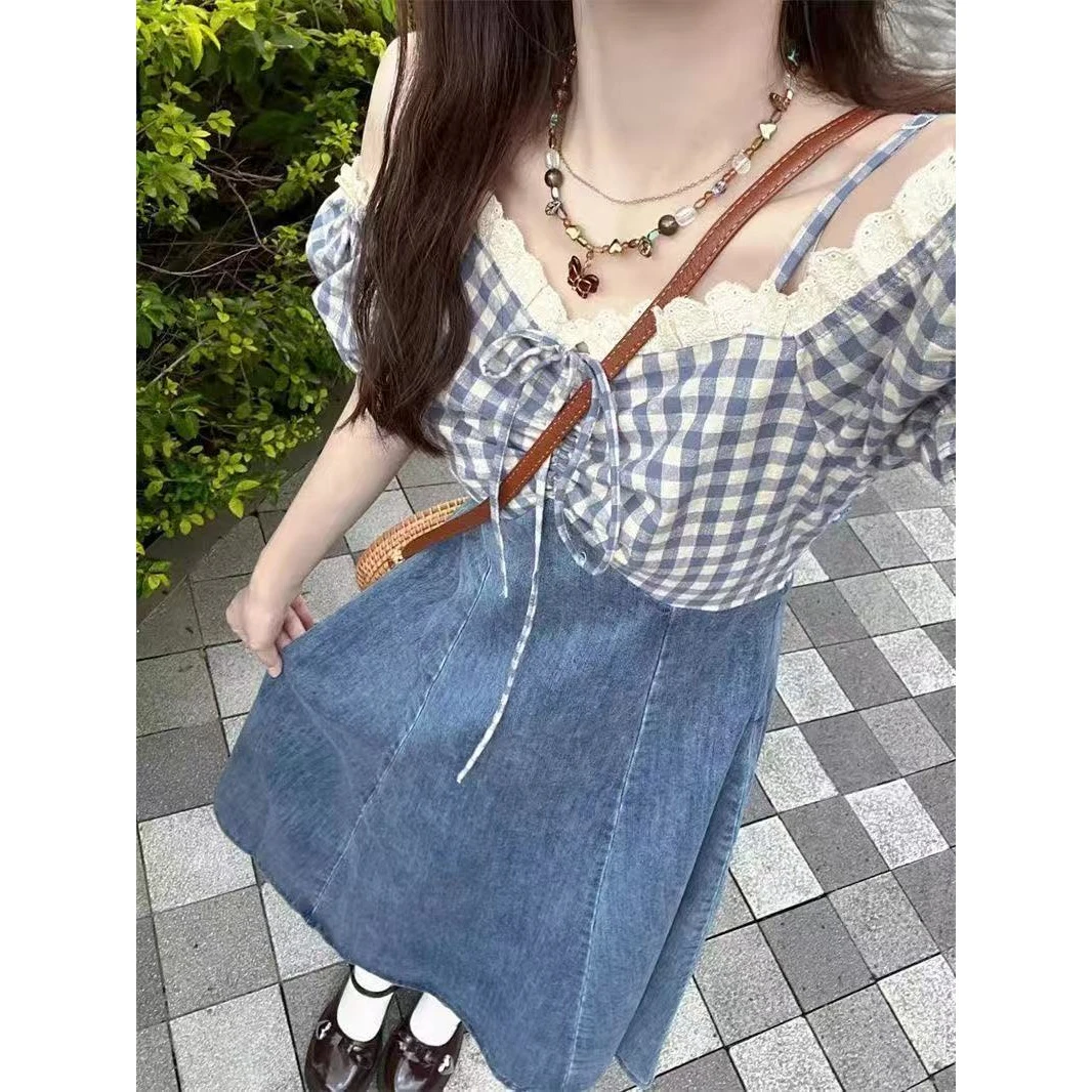 2025法式甜美格纹拼接假两件牛仔吊带连衣裙夏季宽松显瘦设计长裙