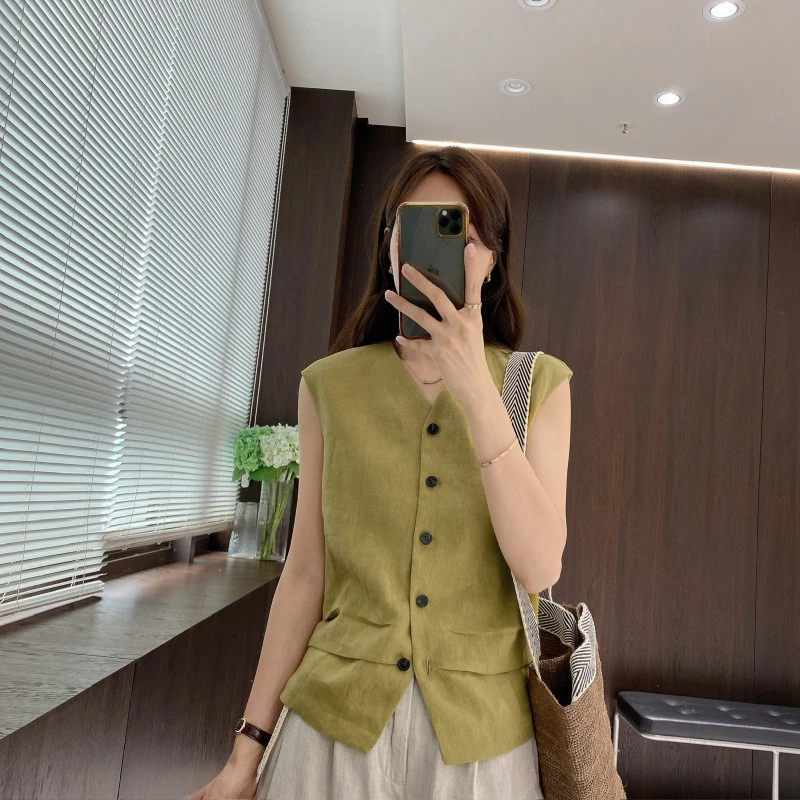 IMFLY金小金自制女装 亚麻衬衫DYW9235夏季新款无袖单排扣马甲