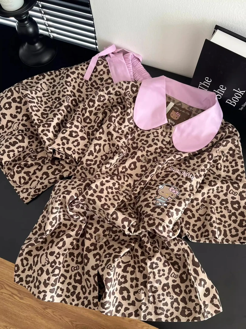 【DMXJ大梦想家】甜美豹纹Kitty设计睡衣女夏季家居服显瘦短裤套装
