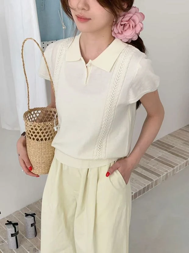 Polo领针织短袖洋气短款显瘦宽松小众设计感穿搭