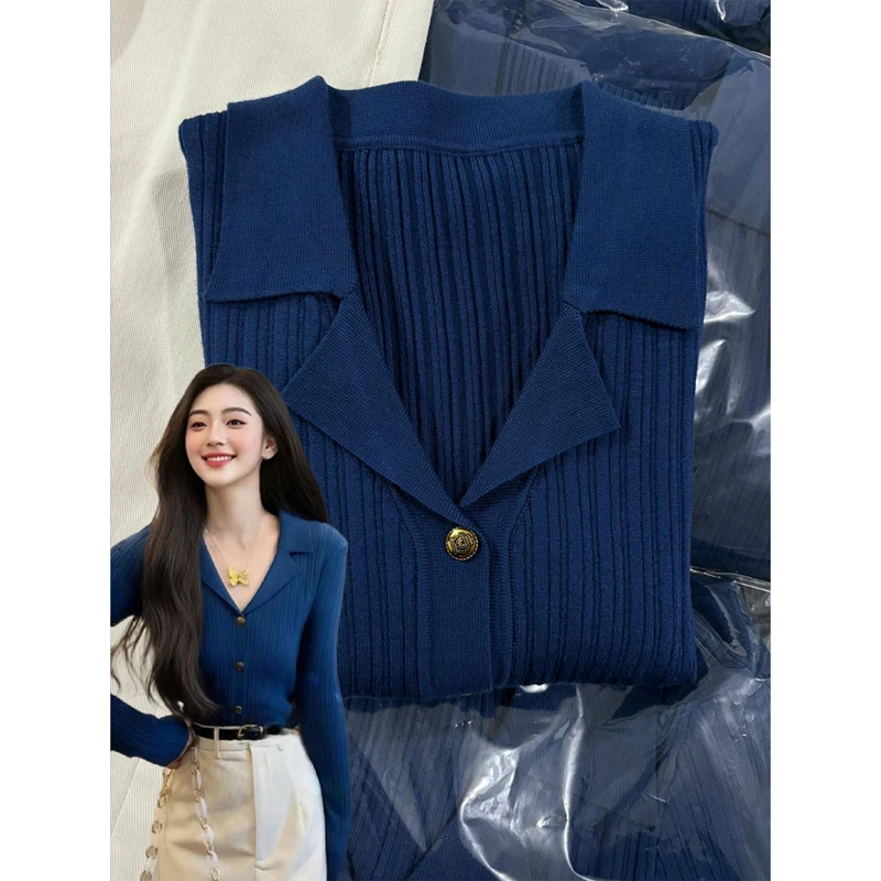复古蓝色翻领针织开衫女韩系早秋穿搭修身内搭打底衫V领长袖上衣