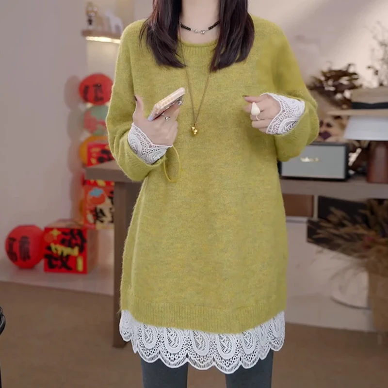 慵懒风宽松圆领套头毛衣女2025秋冬新款蕾丝拼接中长款针织衫上衣