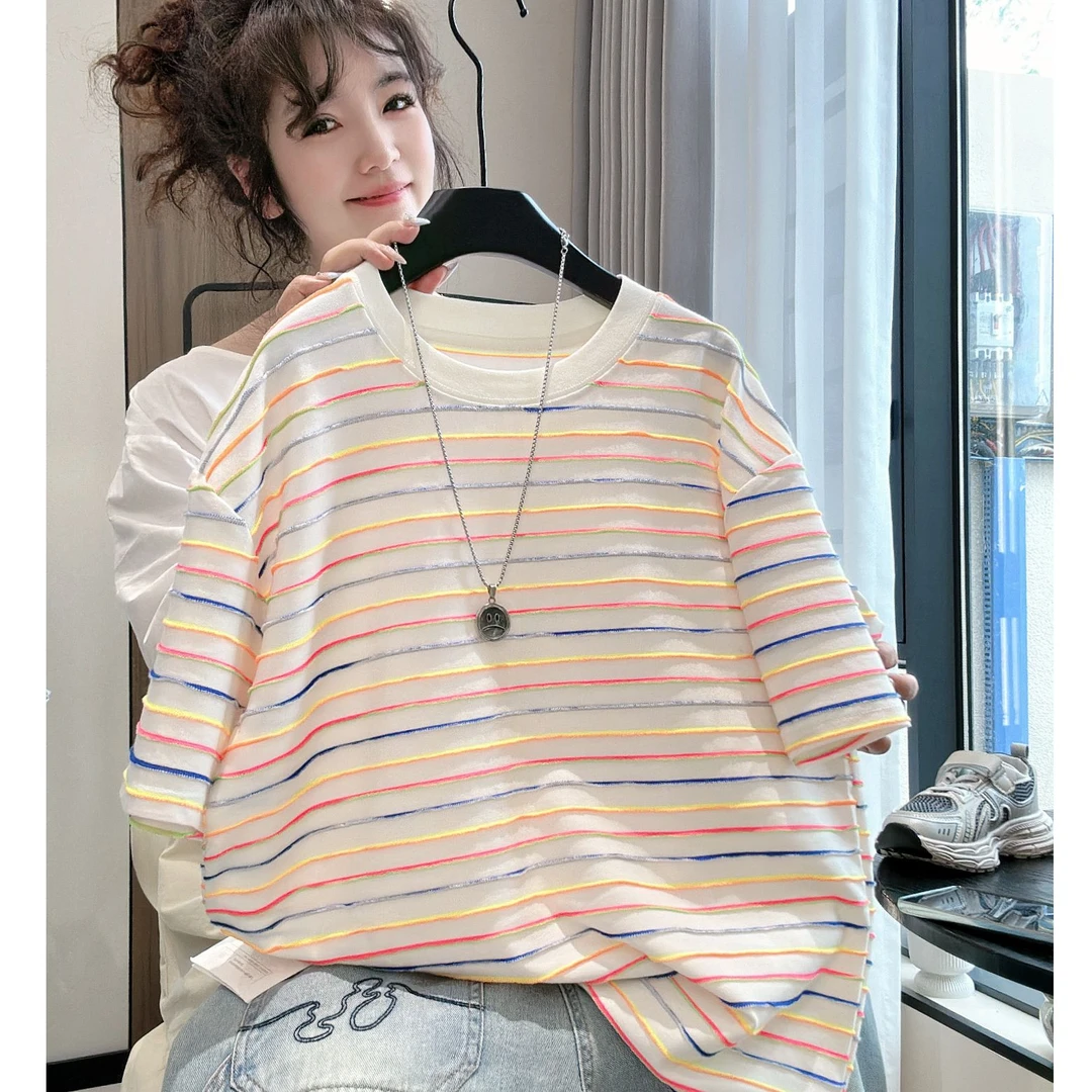 男女中大小童清新细条纹圆领套头春夏季亲肤柔软针织坑条休闲上衣