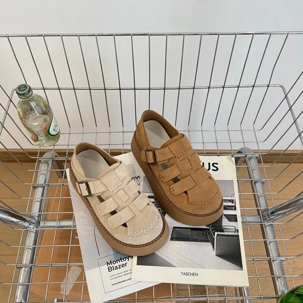 “厚底编织穆勒鞋”新款夏季复古镂空松糕底透气休闲鞋6360