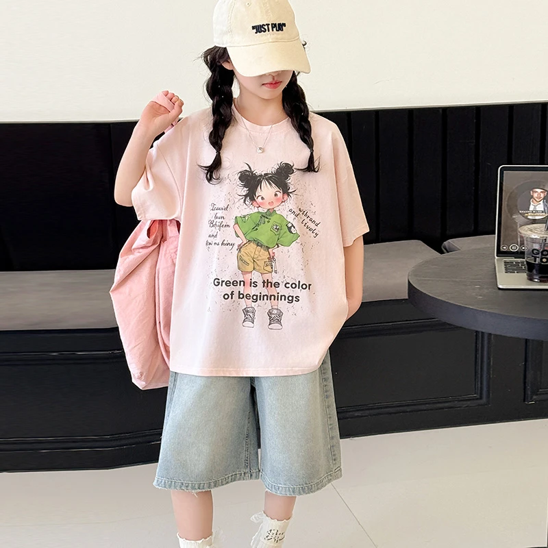 女童套装儿童数码印花T恤牛仔中裤两件套童装夏季休闲时尚宽松潮