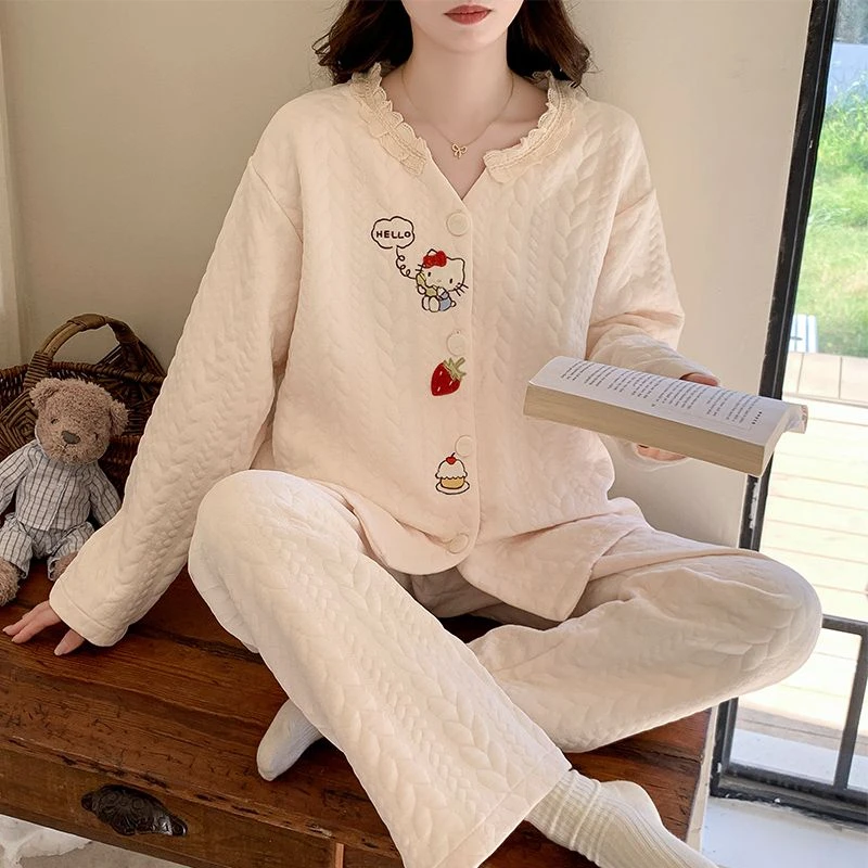 夹层睡衣女秋冬季开衫长袖加大码220斤家居服套装可外穿