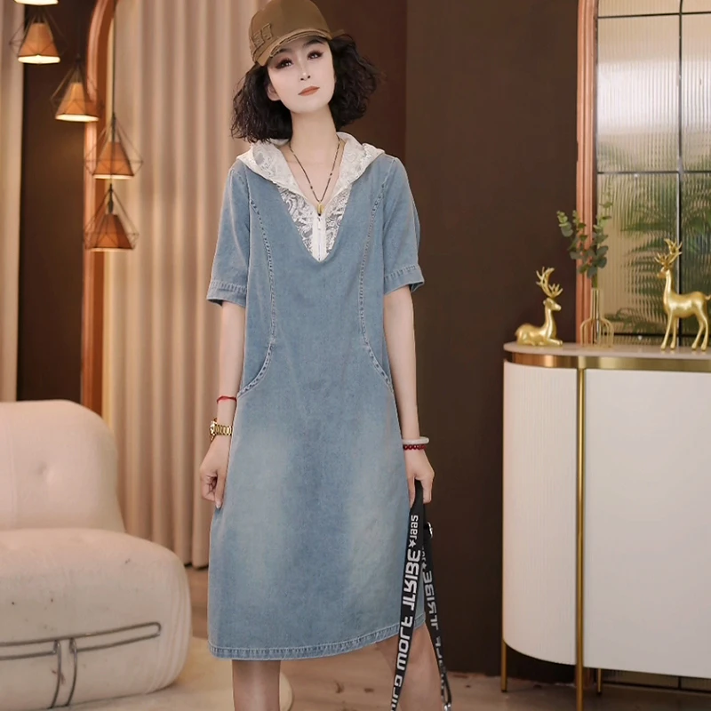8880-5635夏季新款韩版2025宽松休闲短袖蕾丝帽浅色牛仔连衣裙女