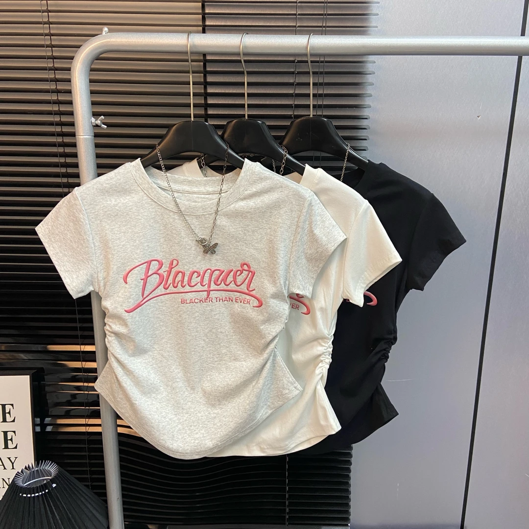 圆领褶皱收腰显瘦t恤夏季修身粉渐变色字母上衣辣妹正肩短袖