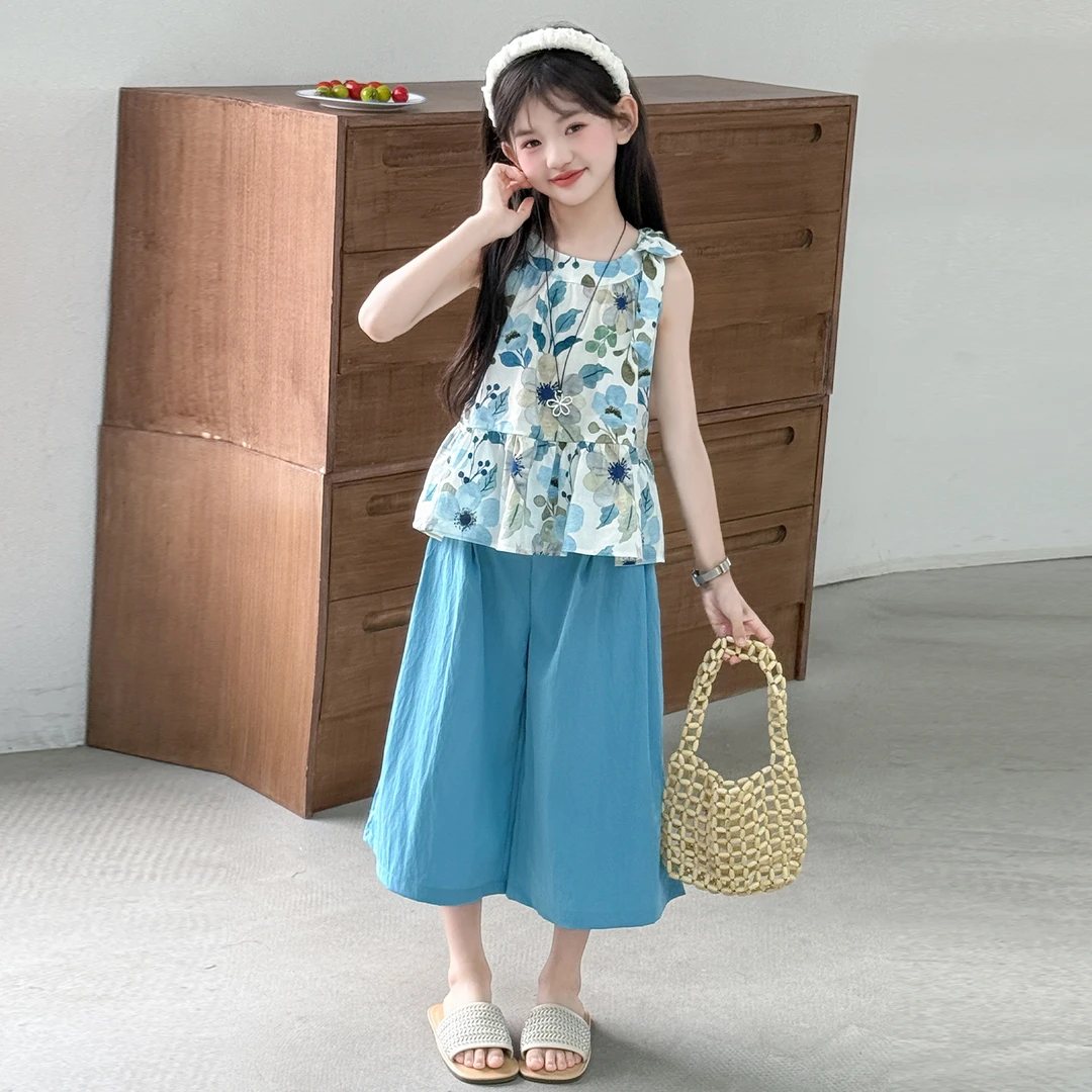 女童夏装无袖套装2025新款大童夏季韩系上衣儿童阔腿裤棉布两件套