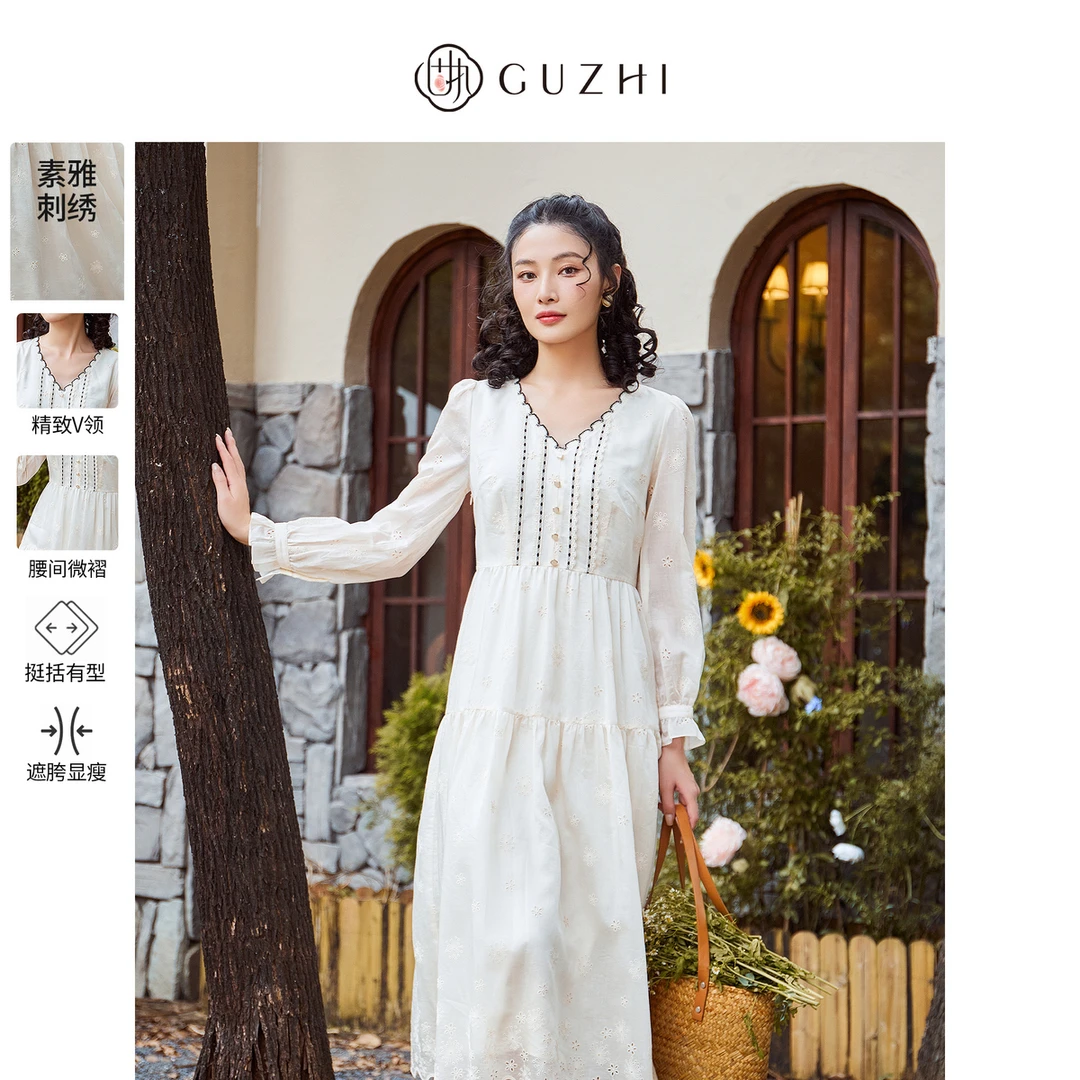 固执秋季新款学院风刺绣镂空长袖中长款连衣裙80133LQ08276