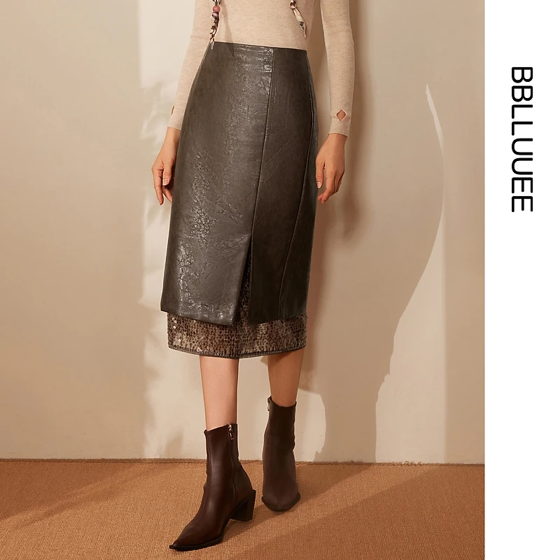 【经典直筒廓形】BBLLUUEE/粉蓝衣橱2025冬女装复古气质皮半身裙