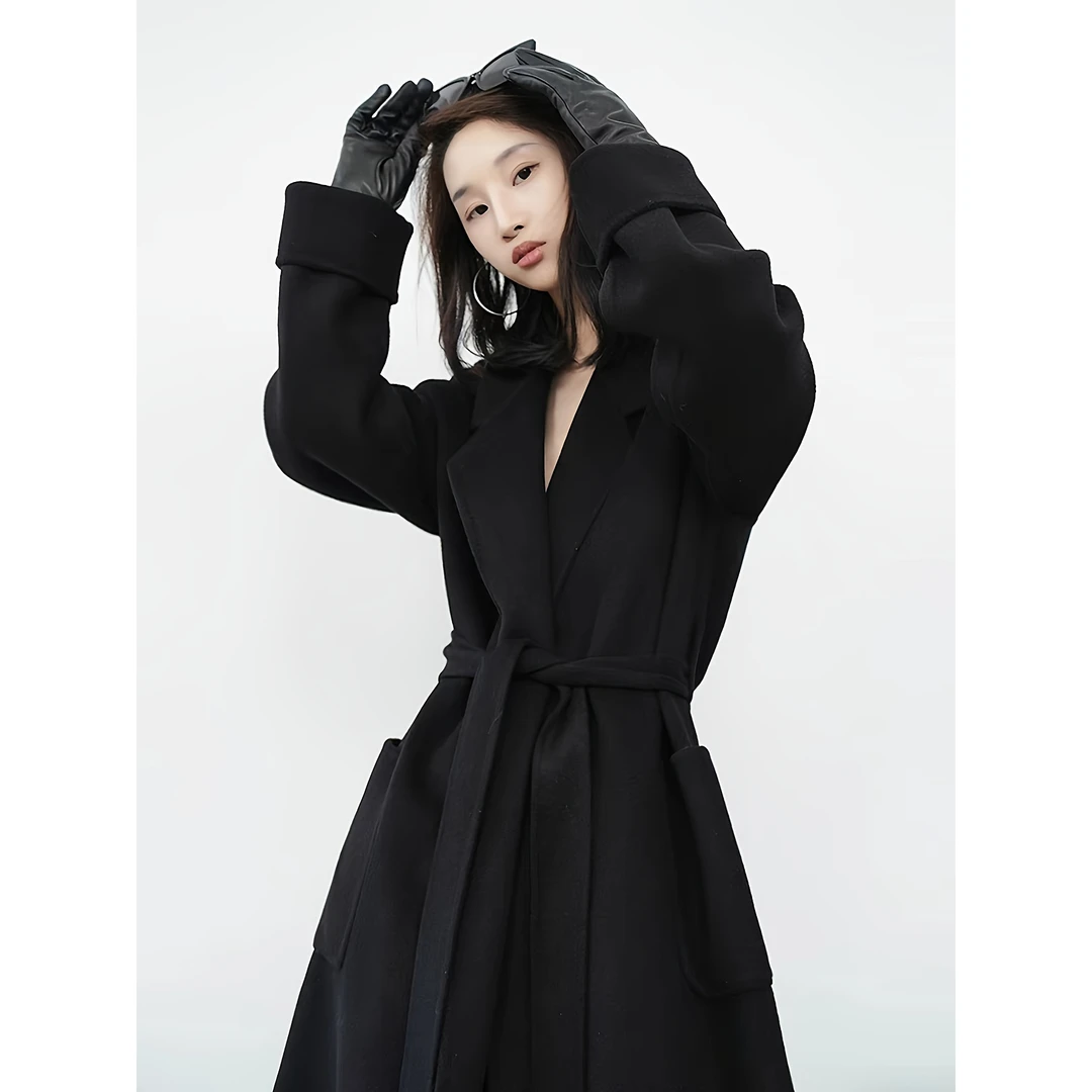 秋冬御姐范宽松长款系带毛呢大衣大口袋西装领毛呢外套三标齐