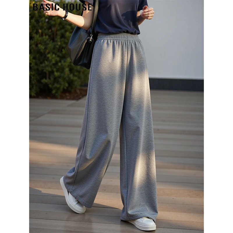 Basic House/百家好慵懒随性灰色阔腿运动裤女早秋松紧腰直筒卫裤