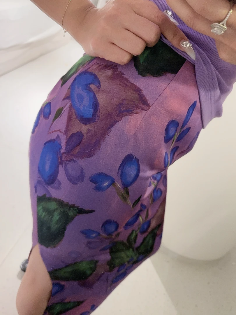 DOUWU【彩色帝国】紫绿粉黄五色花朵侧开叉半裙BQ13682