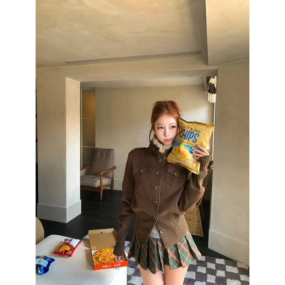 Pinksoya 松茶可可 高级感复古金属扣外套女秋季新款呢子外套上衣