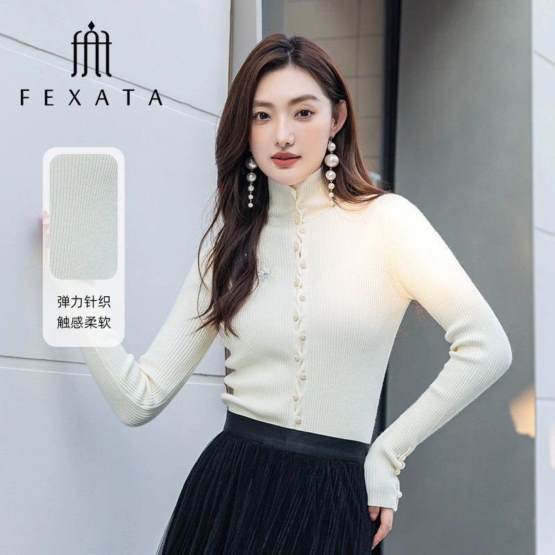 FEXATA斐格思25冬季新品复古优雅立体花保暖高领排扣毛针织衫上衣