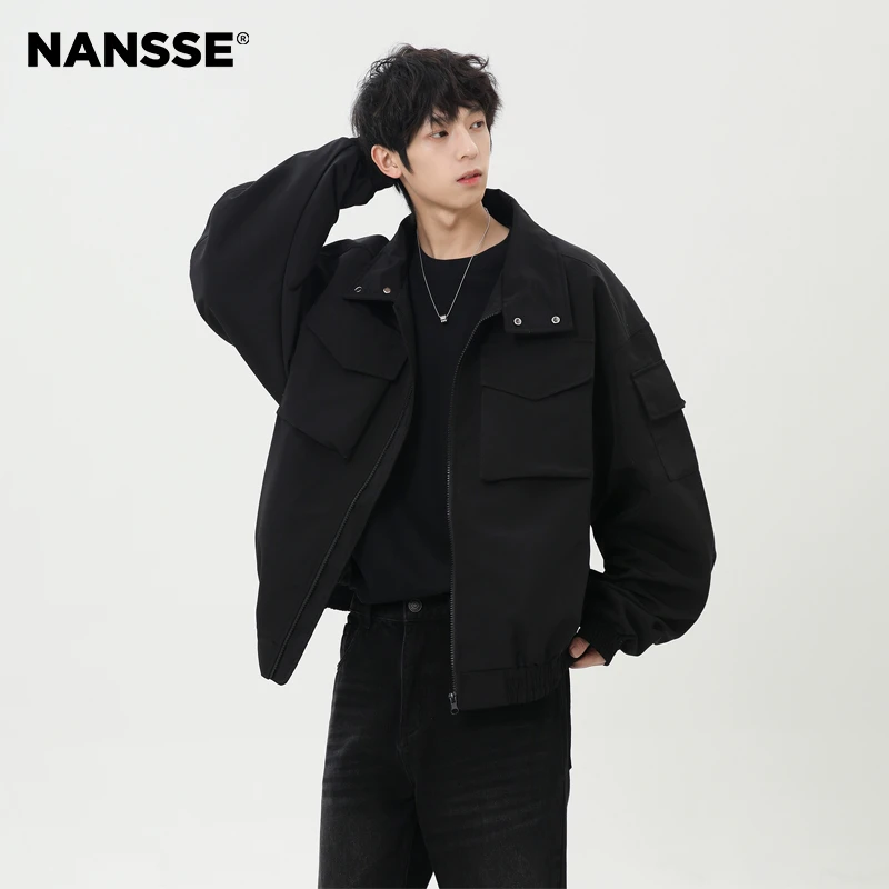 bomber轻骑兵短款工装大口袋夹克男士美式休闲立领黑色青少年外套