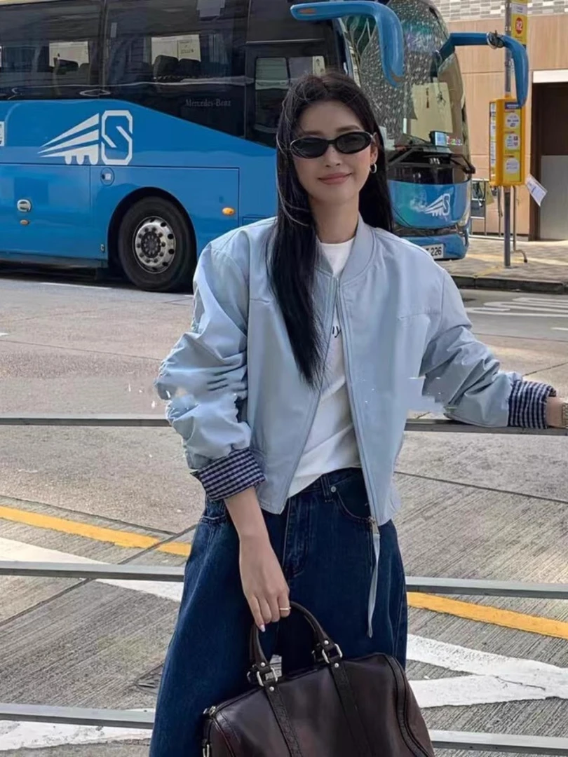 韩系学院风棒球服短外套女2025秋季新款格子拼接宽松夹克上衣潮