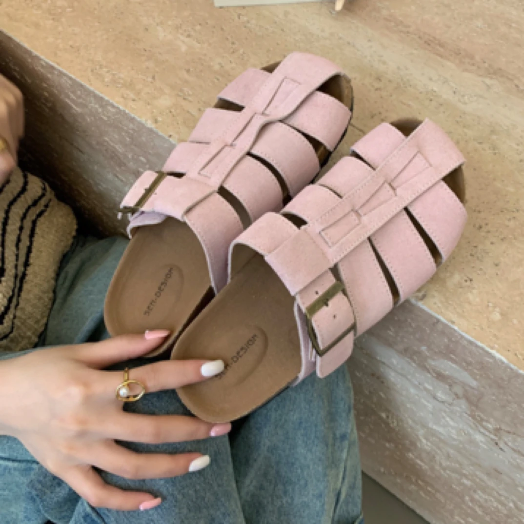 【春季新品2544】文艺真皮包头半拖鞋镂空休闲穆勒勃肯鞋