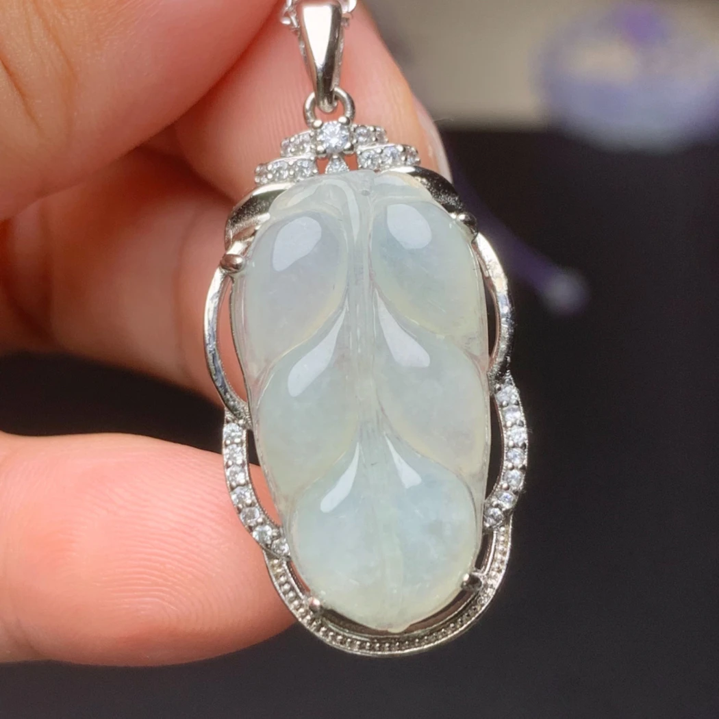 翡翠吊坠正品925银镶嵌天然翡翠A货冰种玉叶吊坠翡翠叶子项链礼物