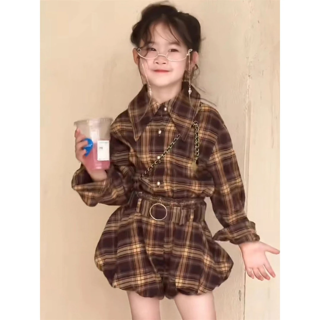 YeeHoO英氏【断码】韩版童装春秋新款女童潮酷炸街港风套装撞色格子