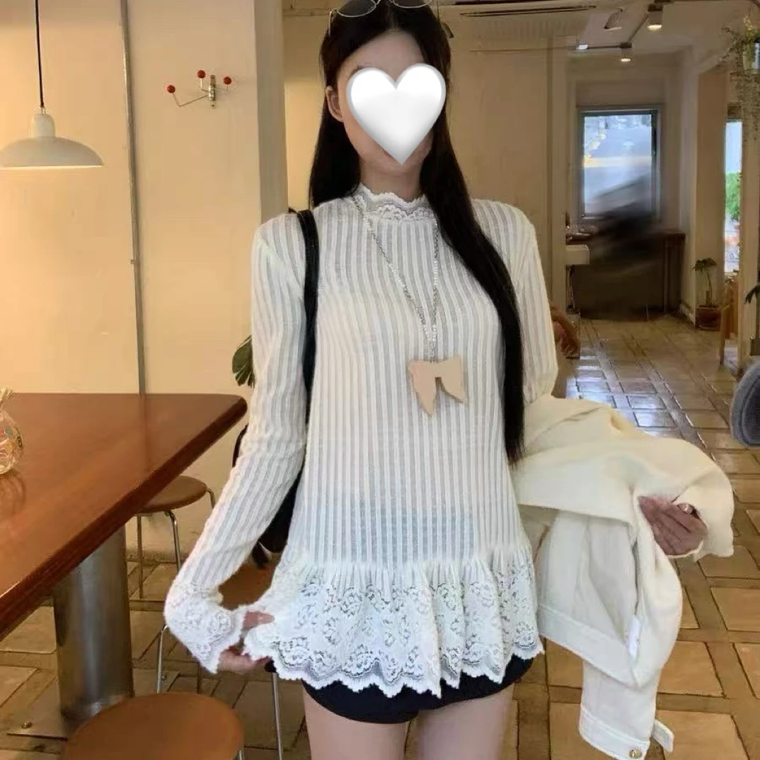 薄荷@10741 法式气质刺绣蕾丝花边拼接内搭打底衫 9-13