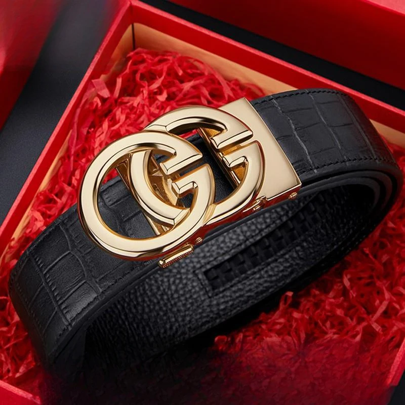 保罗带男人的真皮自动扣简单业务平滑扣打孔韩国风格鳄鱼图案牛皮