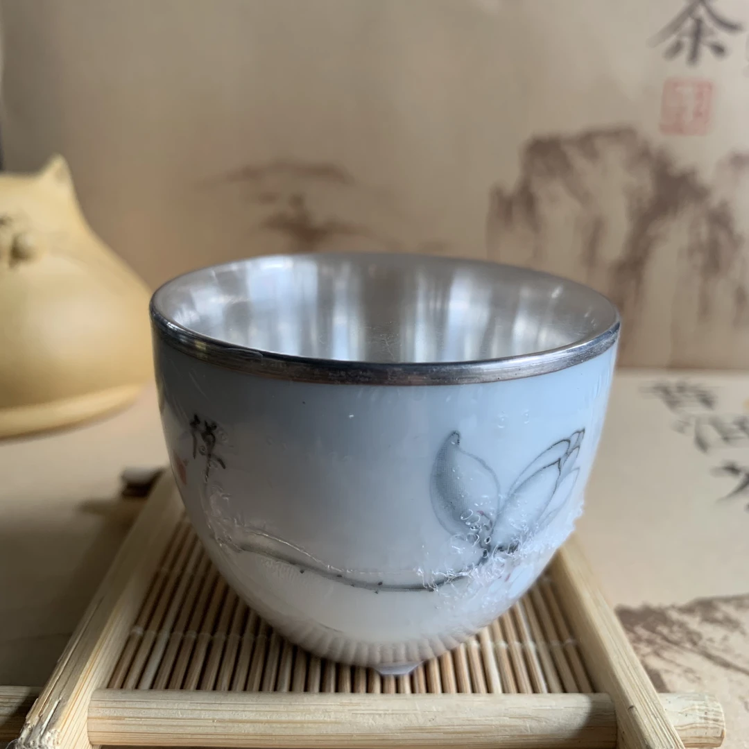 42号纯手工制作禅枝莲瓷包银杯手绘