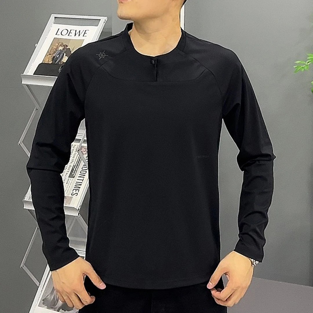 2025年早春新款不加绒男士休闲时尚透气长袖户外扣子修身打底衫