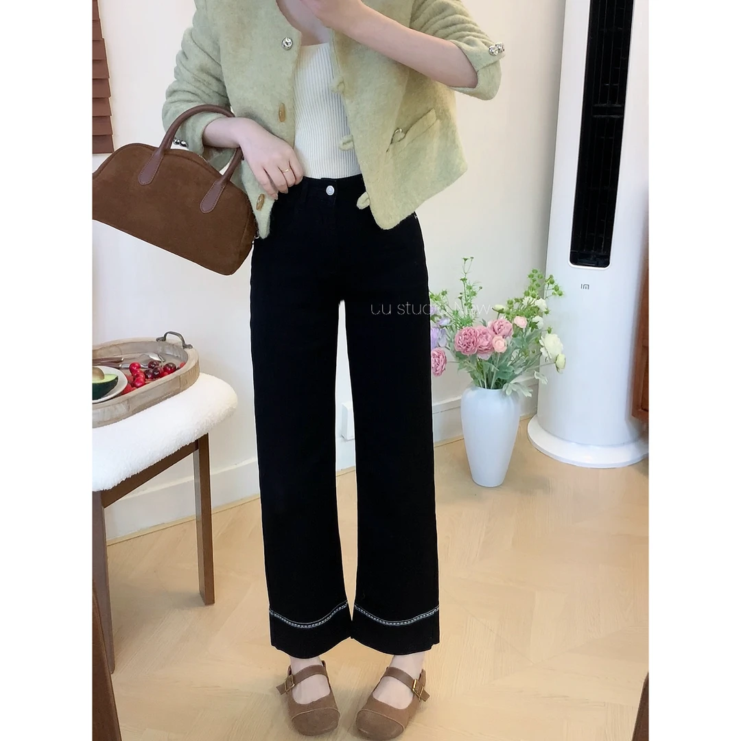 雾隐黑调｜春日直筒高腰牛仔裤女小个子九分弹力奶奶裤