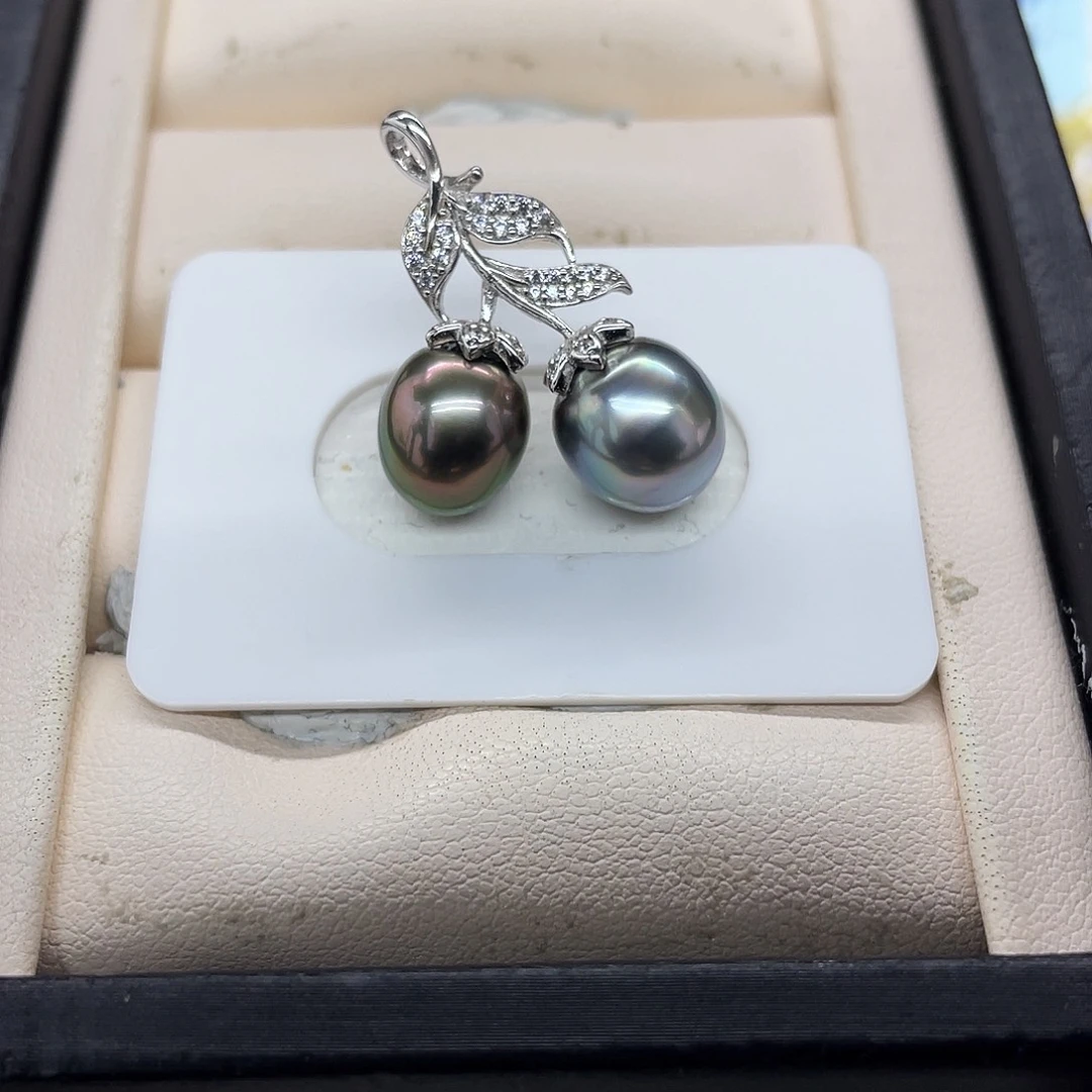 银S925镶嵌颈饰海水珍珠大溪地双珠炫彩樱桃吊坠9-10mm