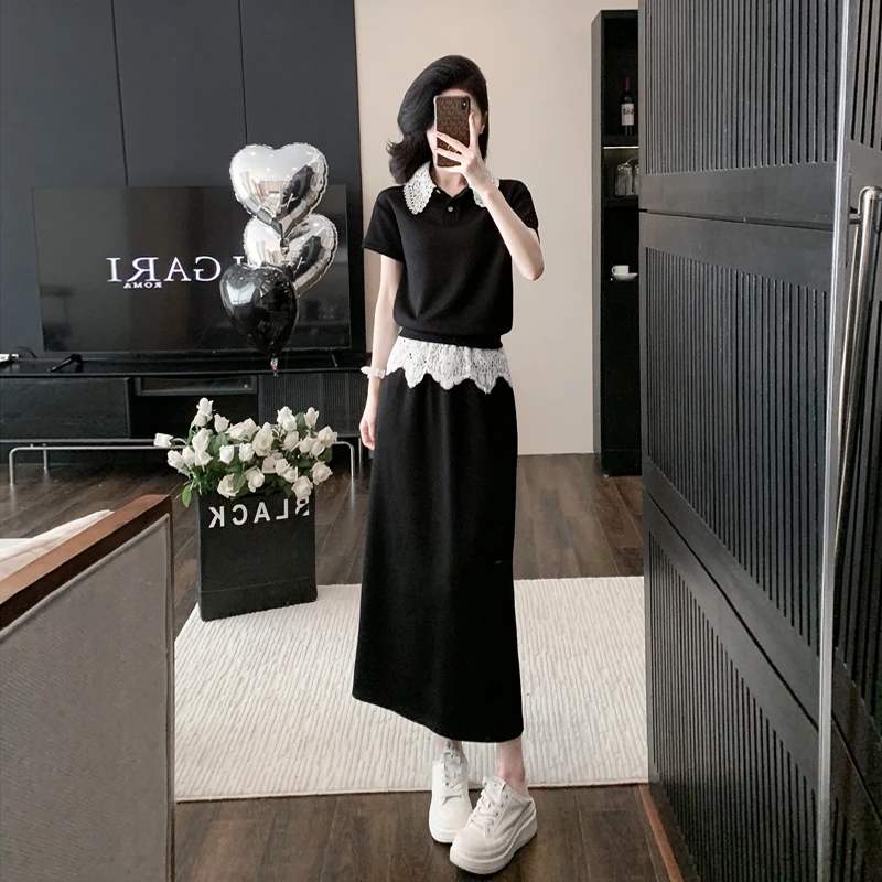 夏季时尚套装裙显瘦洋气减龄短袖休闲蕾丝拼接短袖半身裙子两件套