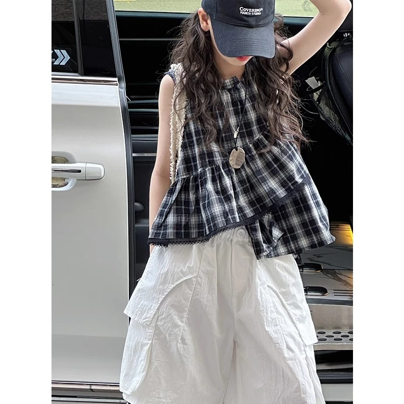 女童夏季套装中裤2025新款洋气大童夏装格子背心女孩阔腿裤两件套
