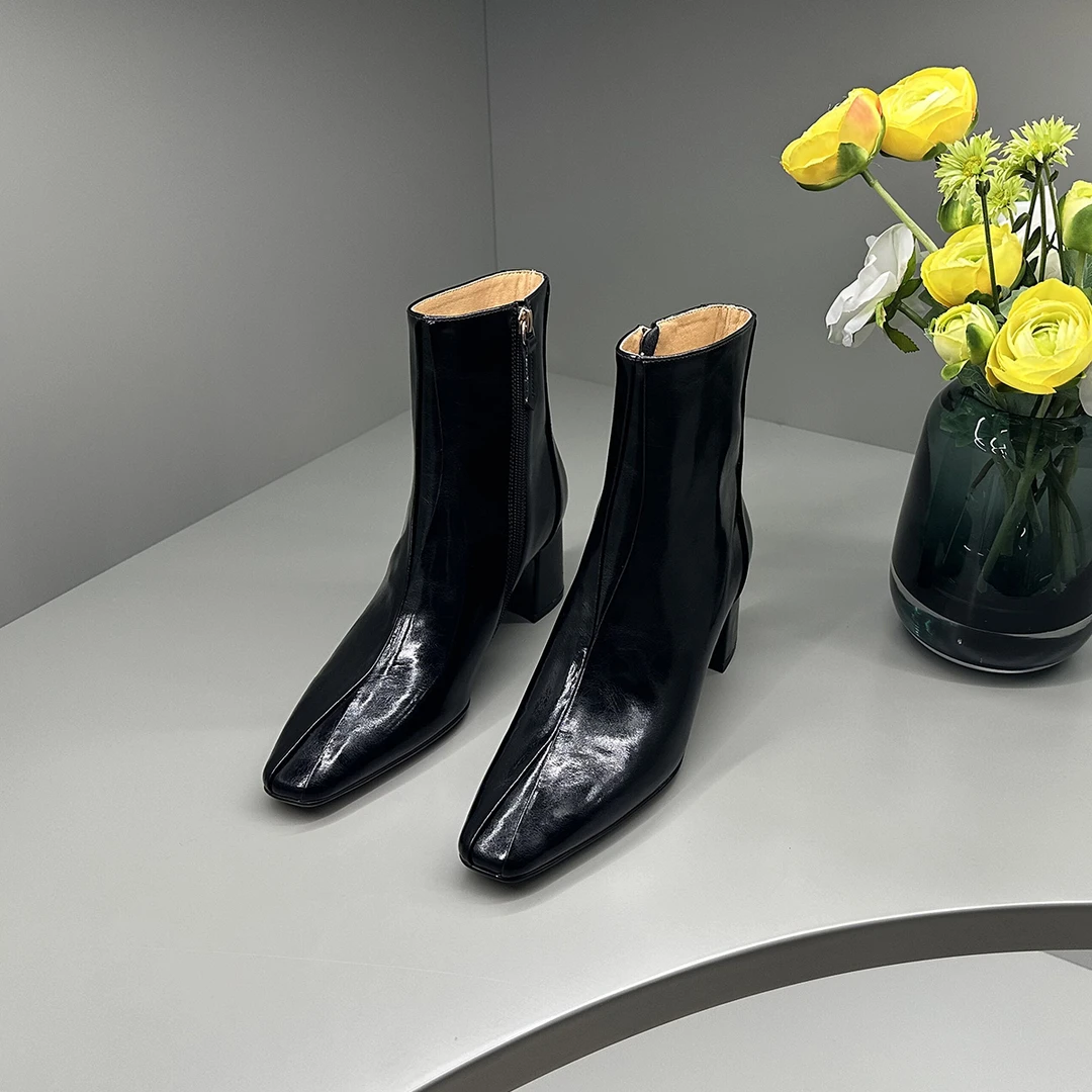 KFY【6cm】秋冬新款黑色时尚气质百搭时装靴女粗跟短靴黑X014黑