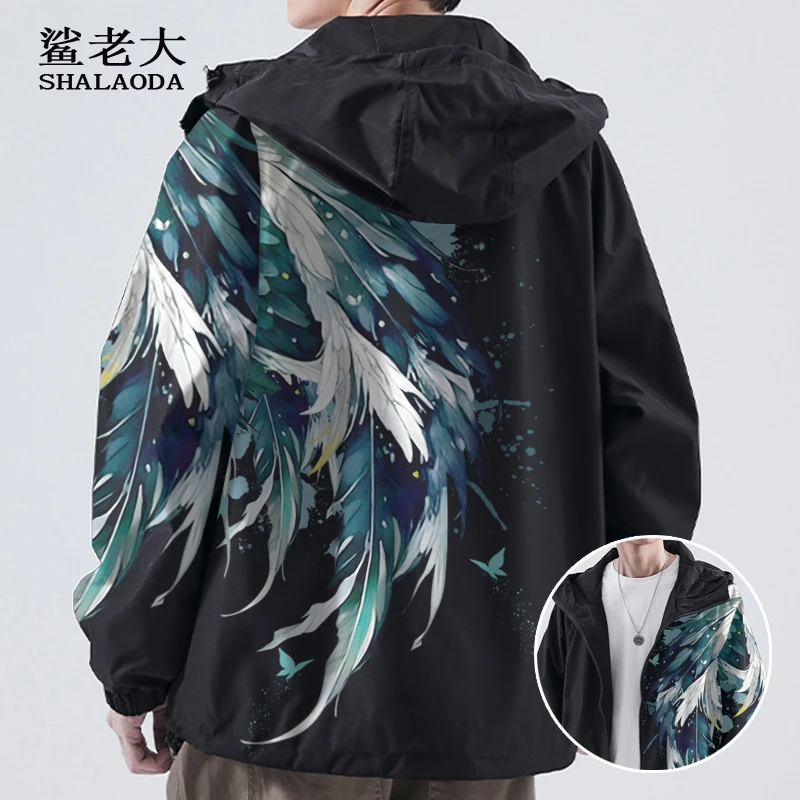连帽夹克外套男ins潮牌翅膀印花开衫秋季新款oversize茄克上衣服