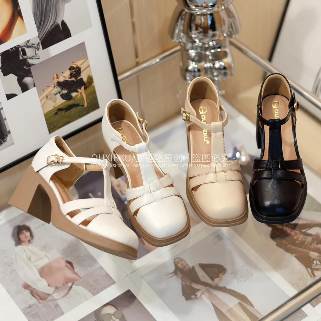 夏季新款凉鞋女复古罗马包头软底软面舒适好穿不累脚粗跟增高单鞋