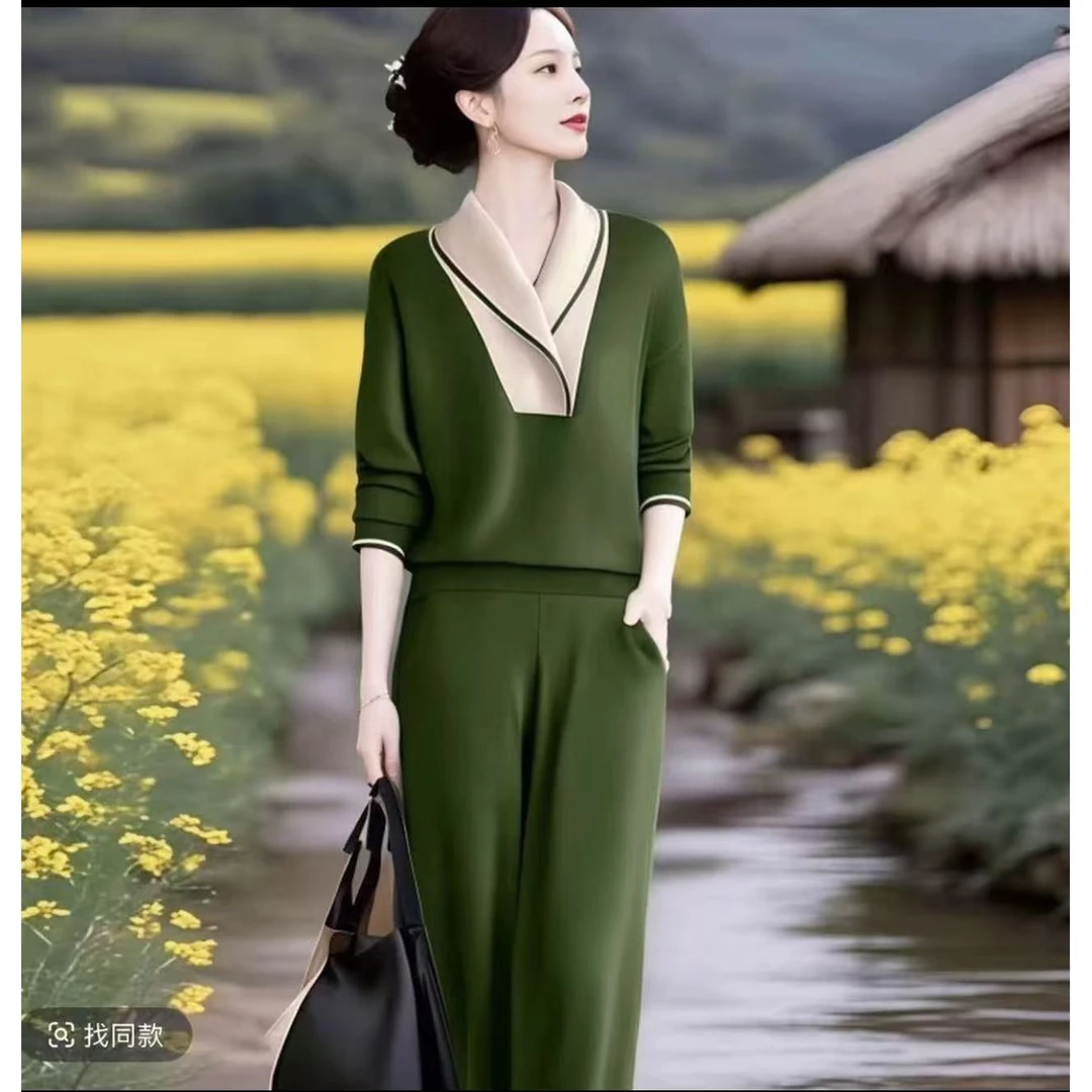 【运补】2025春秋新款高级感撞色拼接上衣女优雅直筒休闲裤两件套