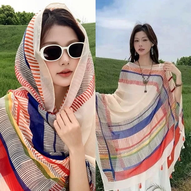 新款民族风盘扣披肩女夏季薄款防晒纱巾旅游拍照外搭披风时尚丝巾