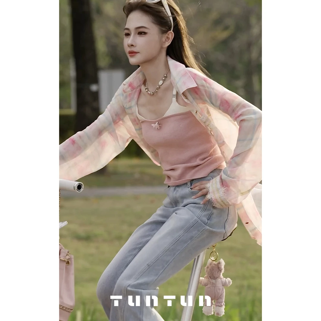 吞吞TUNT【折花边 粉色】美在心尖 精致拼色花朵胸针吊带