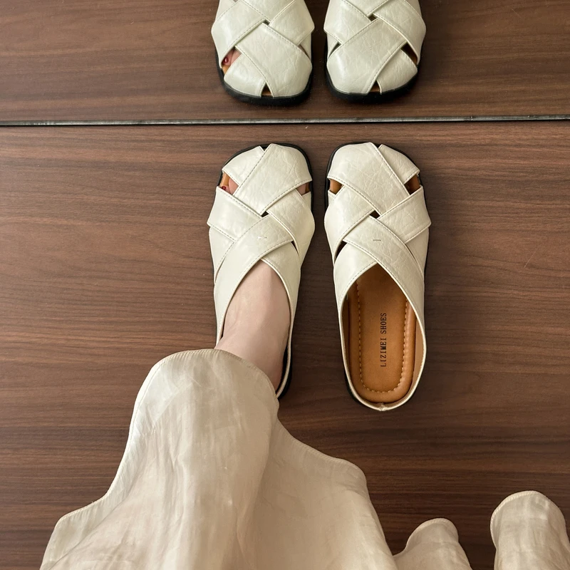 法式软底包头拖鞋女鞋夏外穿2025新款平底休闲凉鞋拖罗马猪笼鞋子