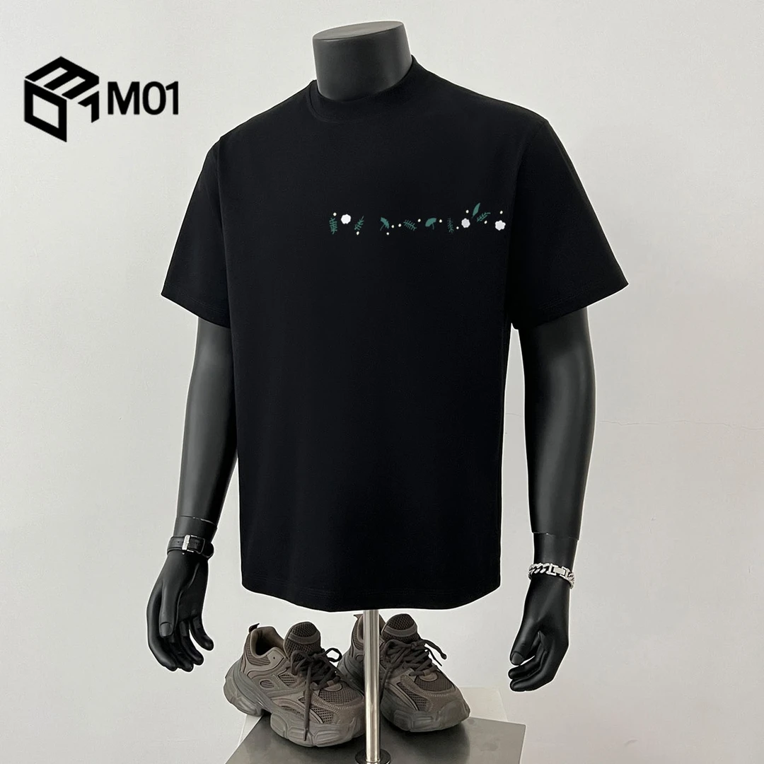 M01潮牌痞帅炸街t恤男设计感夏季纯棉印花短袖美式高街小众五分袖