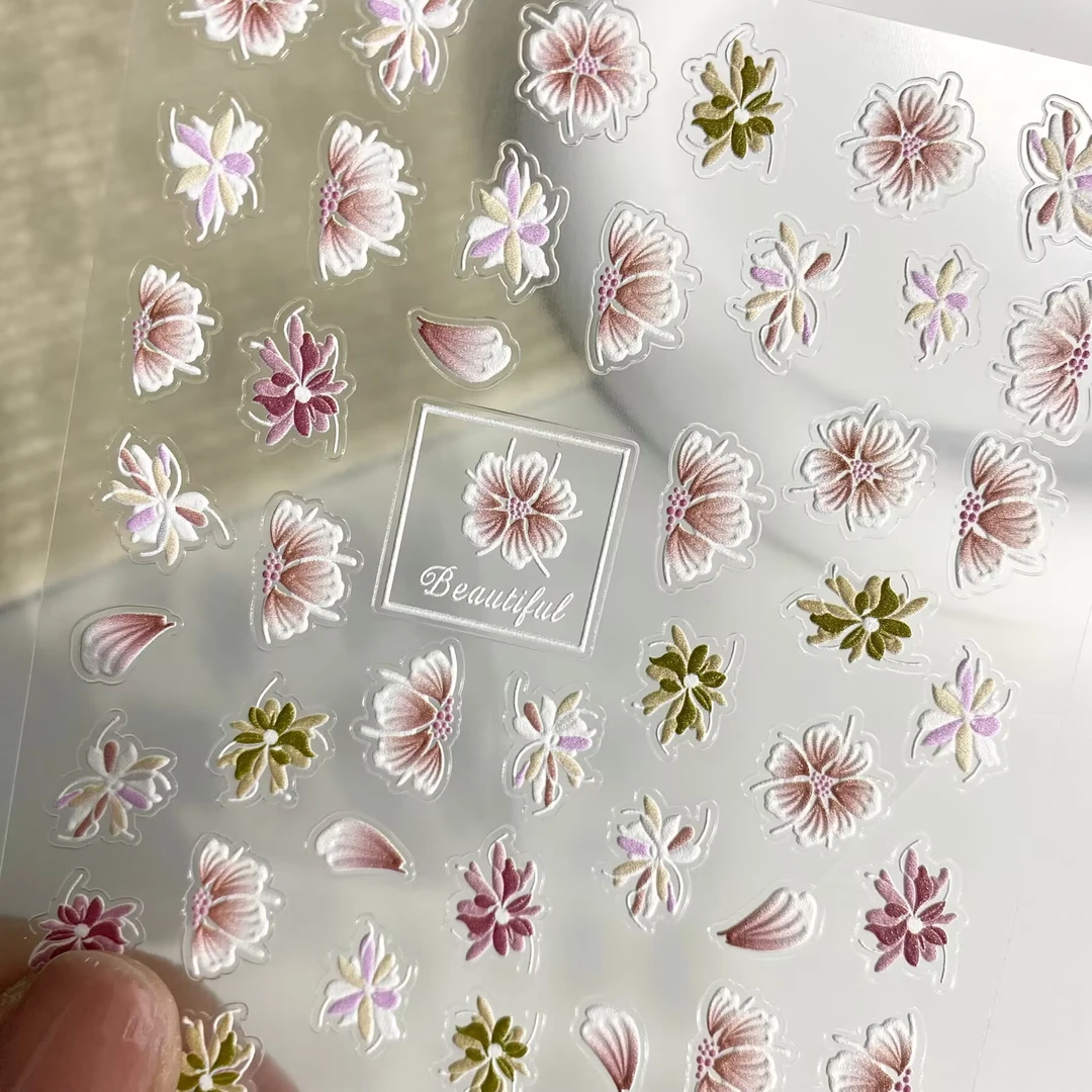 复古玉兰花山茶花浮雕美甲贴纸立体手绘花朵防水带背胶指甲装饰贴